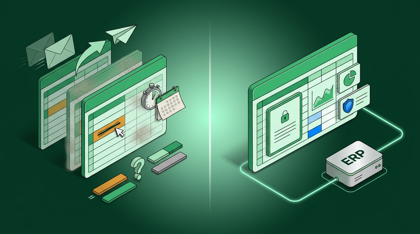 Left: three drifting copies of a workbook — overtyped cells, stale data, emailed versions. Right: one controlled workbook fed live from the ERP